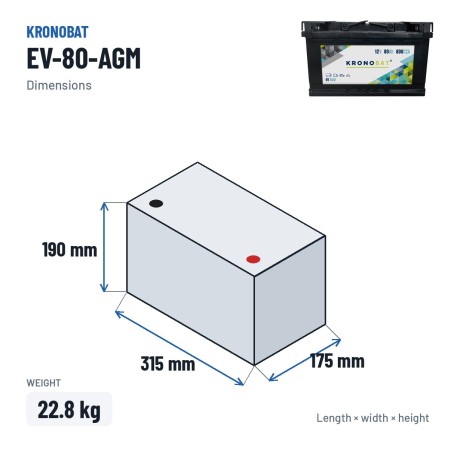 Batteria caravan Kronobat EV-80-AGM 12V 80Ah 800A AGM – dimensioni 315 × 175 × 190 mm