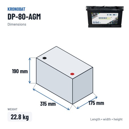 Batteria caravan Kronobat DP-80-AGM 12V 80Ah 800A AGM – dimensioni 315 × 175 × 190 mm