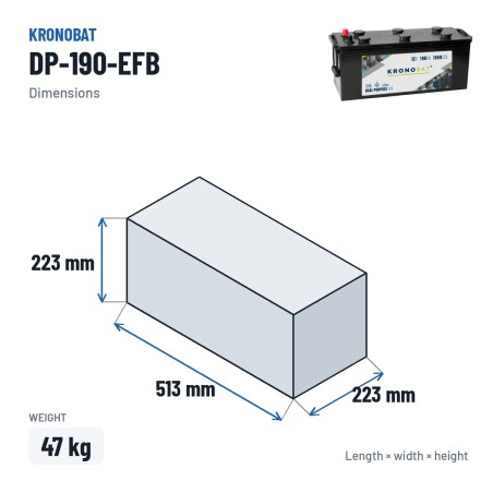 Caravan battery Kronobat DP-190-EFB 12V 190Ah 1050A EFB – dimensions 513 × 223 × 223 mm