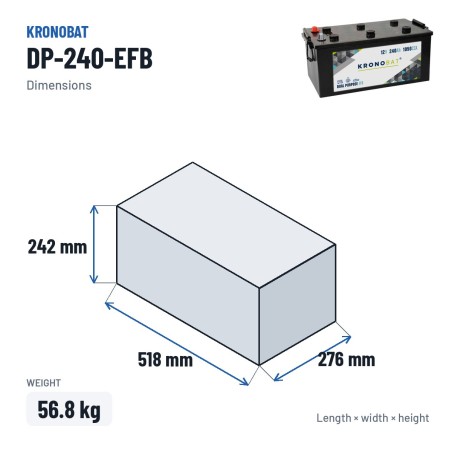 Bateria de caravana Kronobat DP-240-EFB 12V 240Ah 1050A EFB – medidas 518 × 276 × 242 mm