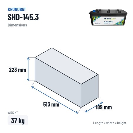 Batteria camion Kronobat SHD-145.3 12V 145Ah 800A – dimensioni 513 × 189 × 223 mm