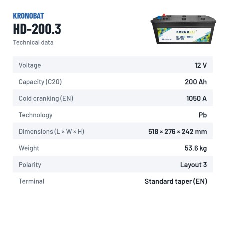 Batería de camión Kronobat HD-200.3 12V 200Ah 1050A – ficha técnica