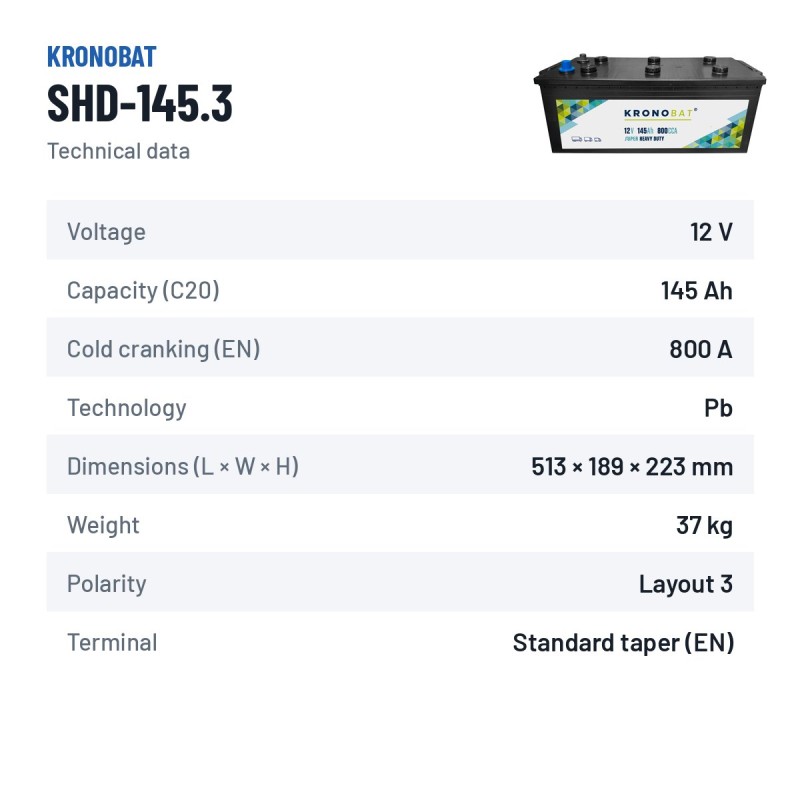 Bateria de camião Kronobat SHD-145.3 12V 145Ah 800A – ficha técnica