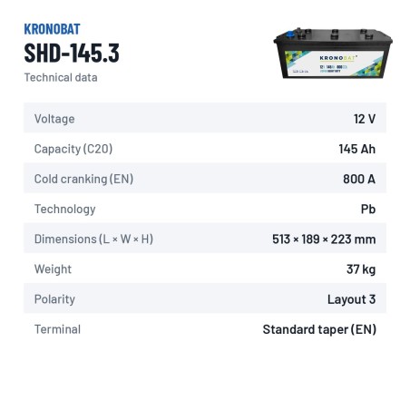 Batteria camion Kronobat SHD-145.3 12V 145Ah 800A – scheda tecnica