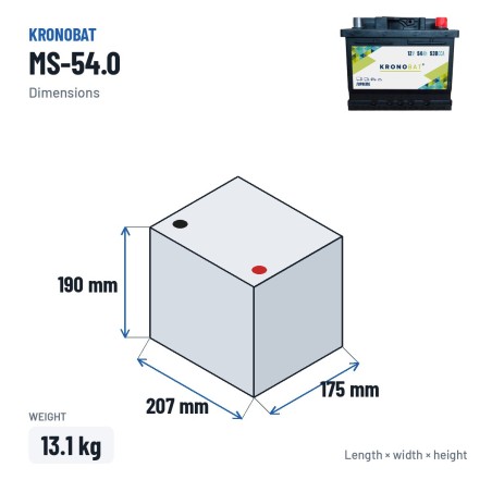 Car battery Kronobat MS-54.0 12V 54Ah 530A – dimensions 207 × 175 × 190 mm