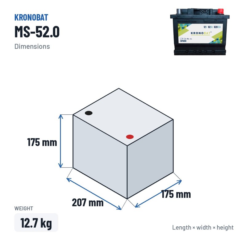 Batería de coche Kronobat MS-52.0 12V 52Ah 520A – medidas 207 × 175 × 175 mm