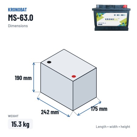 Autobatterie Kronobat MS-63.0 12V 63Ah 610A – Abmessungen 242 × 175 × 190 mm