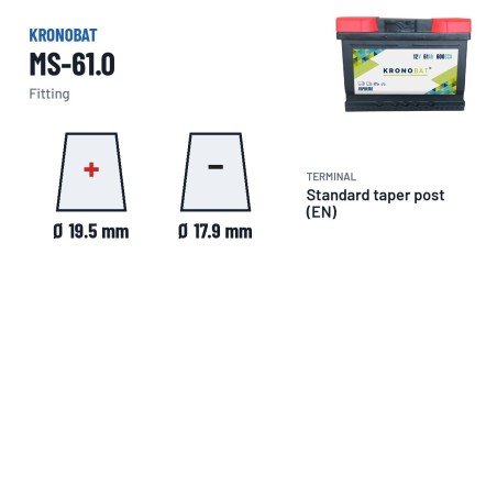 Batterie voiture Kronobat MS-61.0 12V 61Ah 600A – bornes et fixation