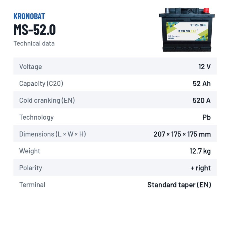 Batería de coche Kronobat MS-52.0 12V 52Ah 520A – ficha técnica