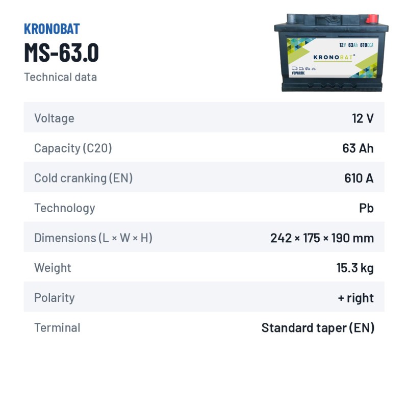 Bateria de carro Kronobat MS-63.0 12V 63Ah 610A – ficha técnica