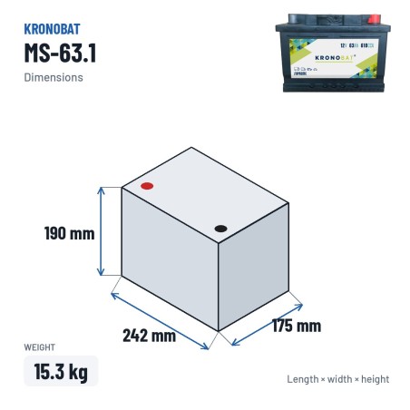 Batteria auto Kronobat MS-63.1 12V 63Ah 610A – dimensioni 242 × 175 × 190 mm