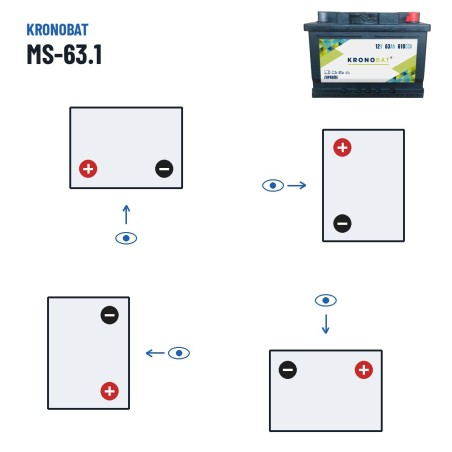 Batterie voiture Kronobat MS-63.1 12V 63Ah 610A – polarité (schéma 1, + à gauche)