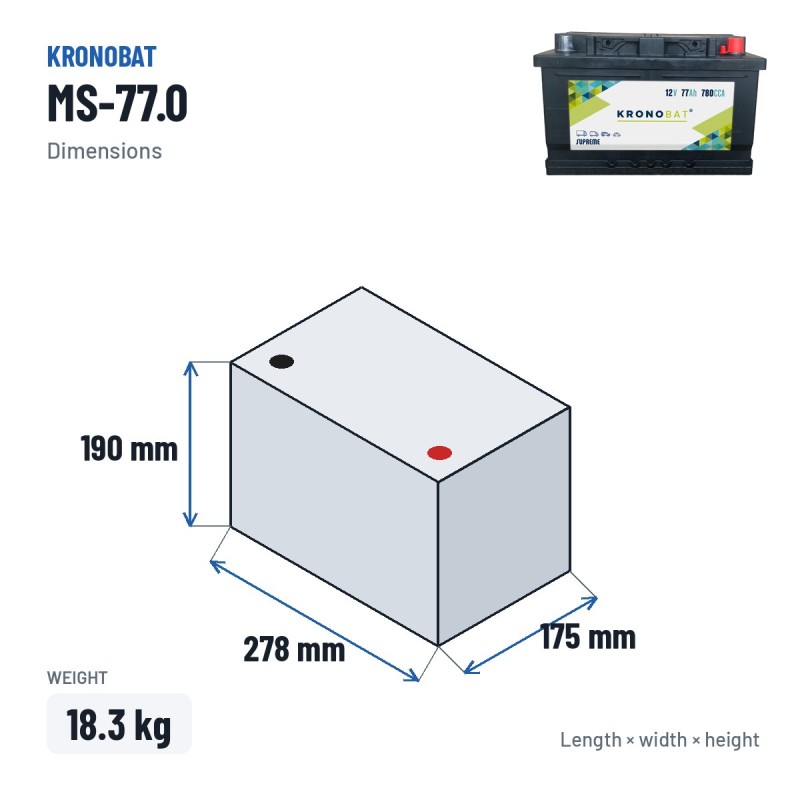 Autobatterie Kronobat MS-77.0 12V 77Ah 780A – Abmessungen 278 × 175 × 190 mm