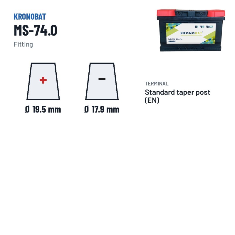 Bateria de carro Kronobat MS-74.0 12V 74Ah 750A – terminal e fixação