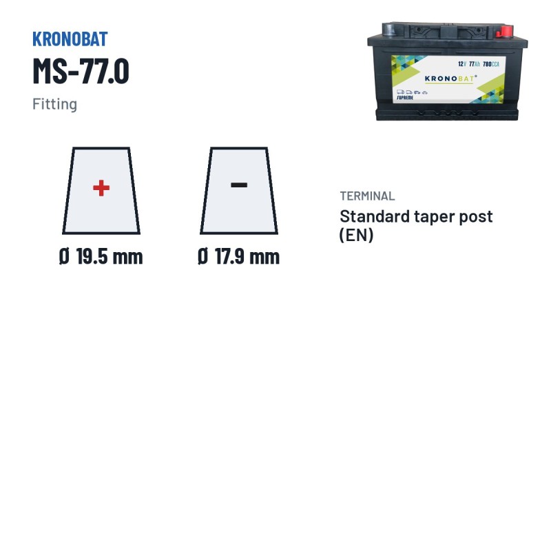 Batería de coche Kronobat MS-77.0 12V 77Ah 780A – borne y sujeción