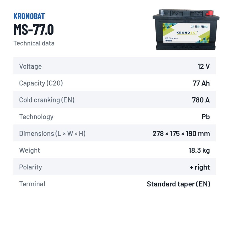Car battery Kronobat MS-77.0 12V 77Ah 780A – technical data