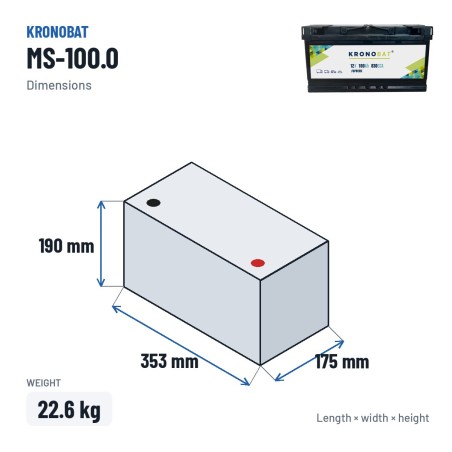 Batterie voiture Kronobat MS-100.0 12V 100Ah 830A – dimensions 353 × 175 × 190 mm