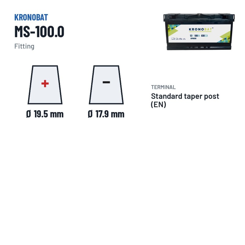 Batteria auto Kronobat MS-100.0 12V 100Ah 830A – terminali e fissaggio