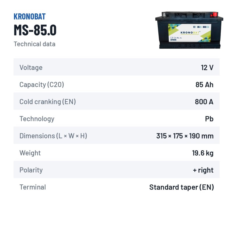 Batteria auto Kronobat MS-85.0 12V 85Ah 800A – scheda tecnica