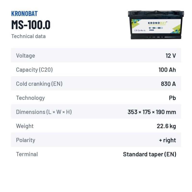 Bateria de carro Kronobat MS-100.0 12V 100Ah 830A – ficha técnica