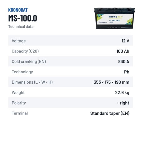 Bateria de carro Kronobat MS-100.0 12V 100Ah 830A – ficha técnica