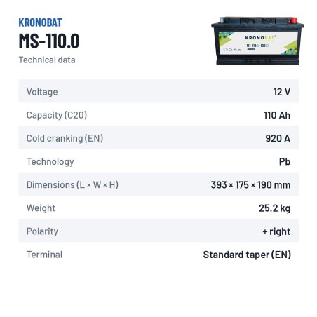 Car battery Kronobat MS-110.0 12V 110Ah 920A – technical data