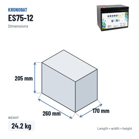 Rollstuhlbatterie Kronobat ES75-12 12V 75Ah AGM – Abmessungen 260 × 170 × 205 mm