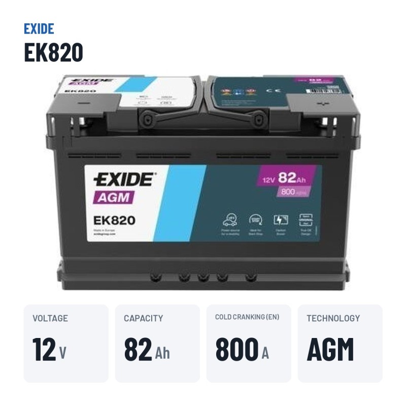 Batterie Start-Stop Exide EK820 12V 82Ah 800A AGM – caractéristiques clés