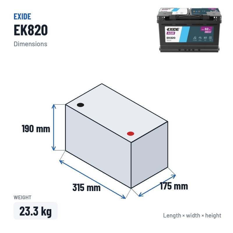 Batterie Start-Stop Exide EK820 12V 82Ah 800A AGM – dimensions 315 × 175 × 190 mm