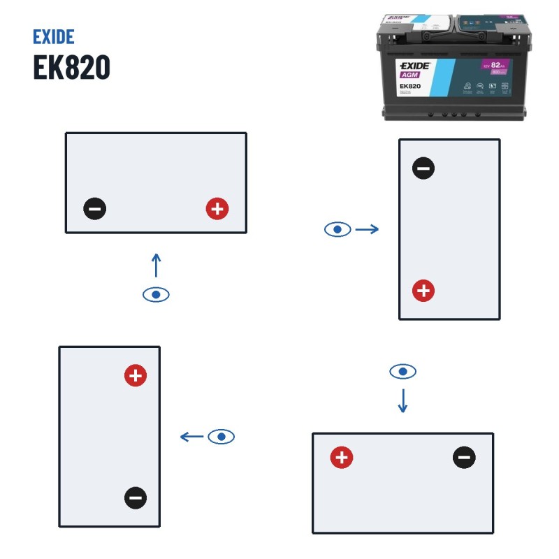Batterie Start-Stop Exide EK820 12V 82Ah 800A AGM – polarité (schéma 0, + à droite)