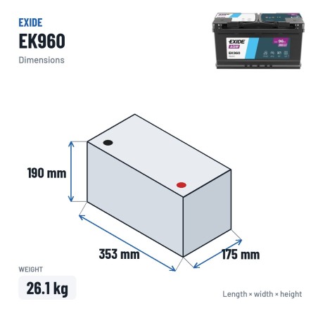 Batterie Start-Stop Exide EK960 12V 96Ah 850A AGM – dimensions 353 × 175 × 190 mm