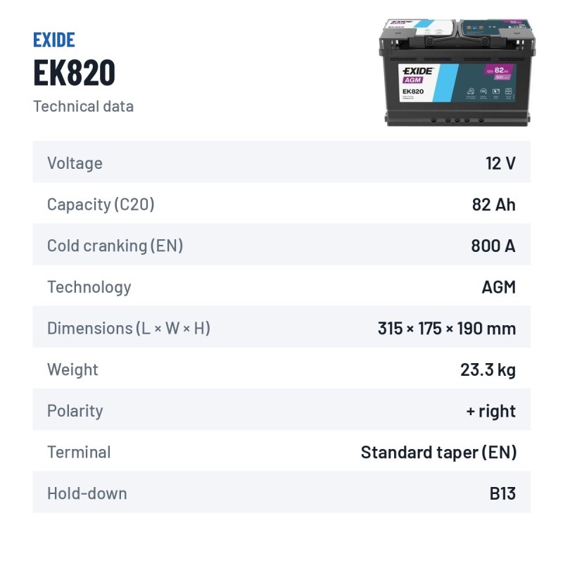 Batterie Start-Stop Exide EK820 12V 82Ah 800A AGM – fiche technique