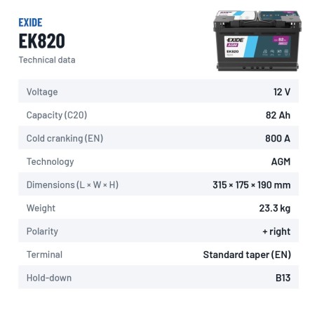 Batterie Start-Stop Exide EK820 12V 82Ah 800A AGM – fiche technique