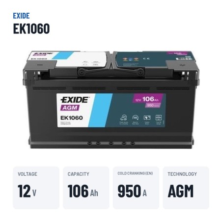 Bateria Start-Stop Exide EK1060 12V 106Ah 950A AGM – dados principais