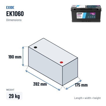 Bateria Start-Stop Exide EK1060 12V 106Ah 950A AGM – medidas 392 × 175 × 190 mm