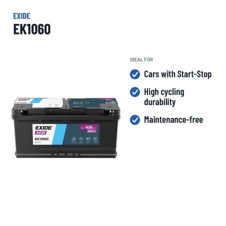 Batterie Start-Stop Exide EK1060 12V 106Ah 950A AGM – utilisations recommandées