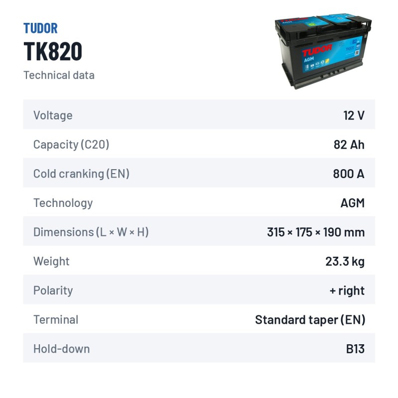 Bateria Start-Stop Tudor TK820 12V 82Ah 800A AGM – ficha técnica