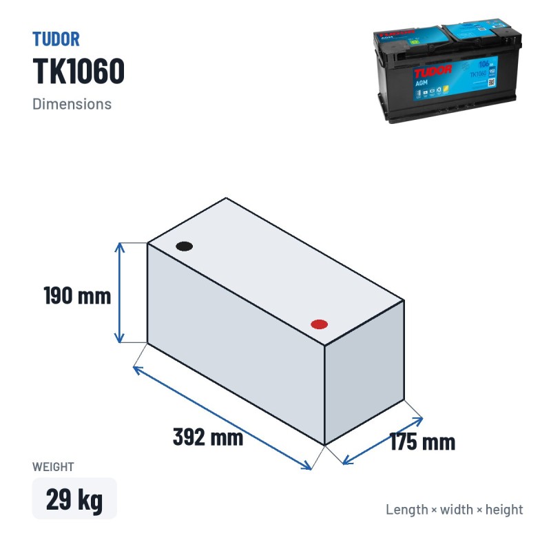 Start-Stop battery Tudor TK1060 12V 106Ah 950A AGM – dimensions 392 × 175 × 190 mm