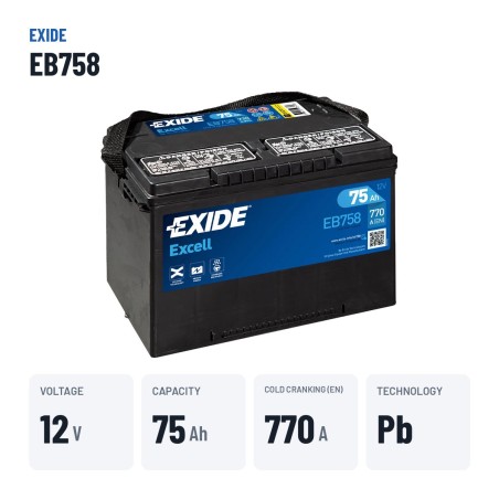 Batterie voiture Exide EB758 12V 75Ah 770A – caractéristiques clés