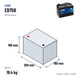 Batería de coche Exide EB758 12V 75Ah 770A – medidas 260 × 180 × 186 mm