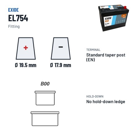 Batterie Start-Stop Exide EL754 12V 75Ah 750A EFB – bornes et fixation