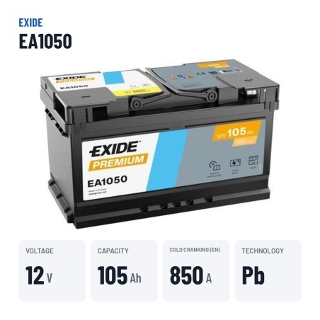 Batteria auto Exide EA1050 12V 105Ah 850A – dati principali