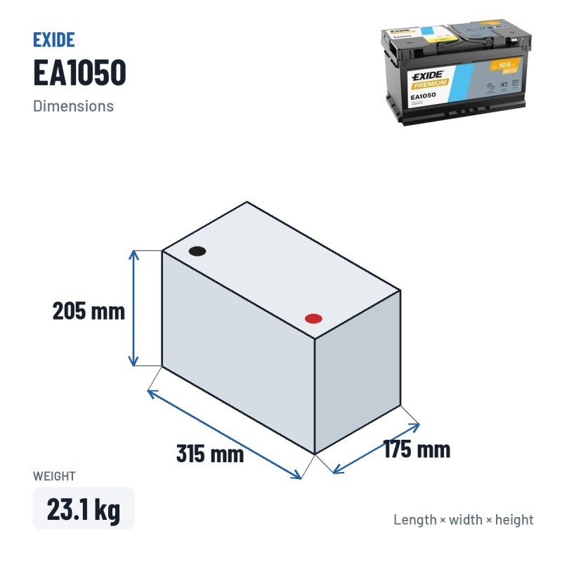 Autobatterie Exide EA1050 12V 105Ah 850A – Abmessungen 315 × 175 × 205 mm