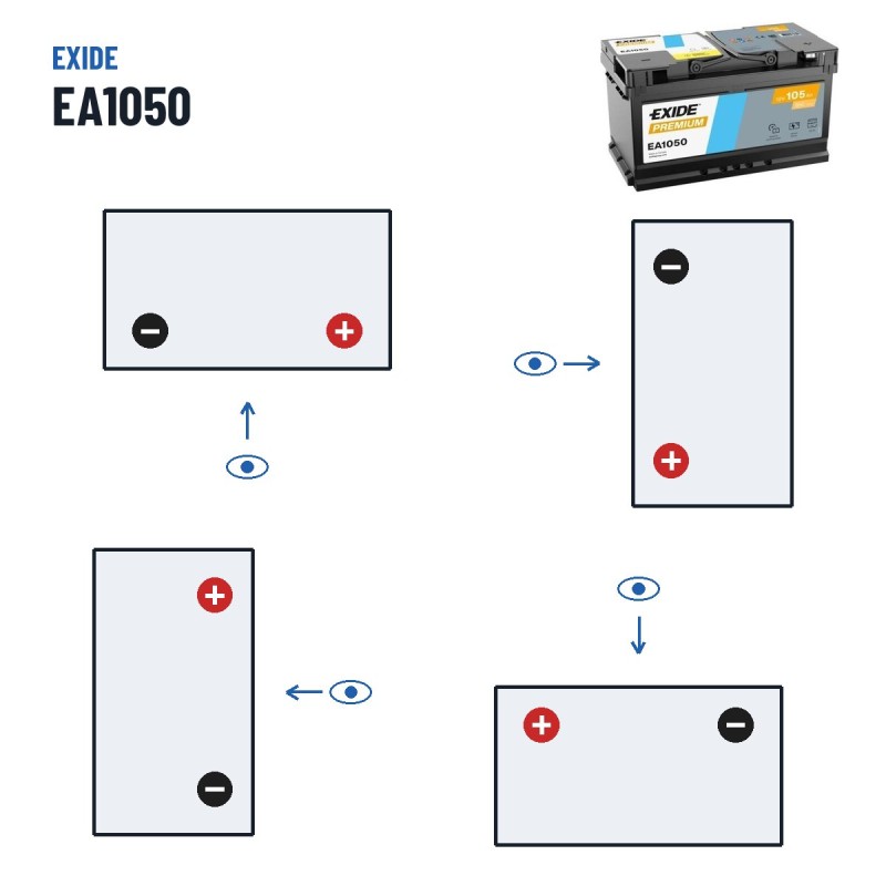 Autobatterie Exide EA1050 12V 105Ah 850A – Polarität (Schaltung 0, + rechts)