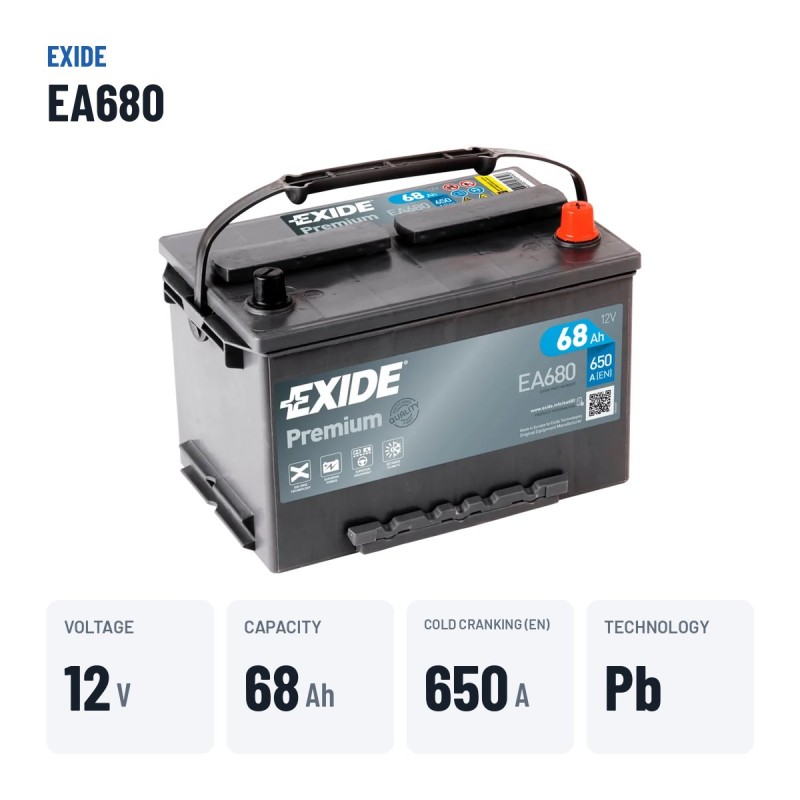 Batería de coche Exide EA680 12V 68Ah 650A – datos clave