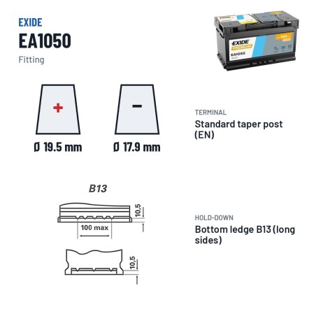 Autobatterie Exide EA1050 12V 105Ah 850A – Pole und Befestigung