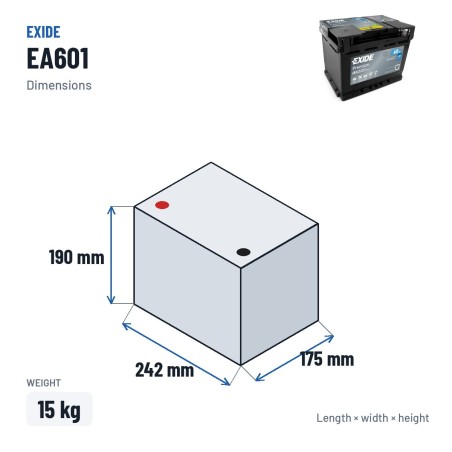Autobatterie Exide EA601 12V 60Ah 600A – Abmessungen 242 × 175 × 190 mm