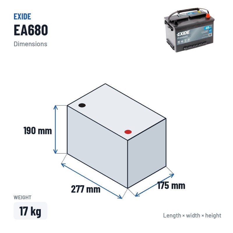 Batería de coche Exide EA680 12V 68Ah 650A – medidas 277 × 175 × 190 mm