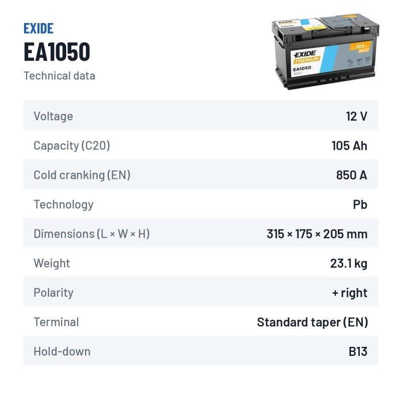 Autobatterie Exide EA1050 12V 105Ah 850A – technische Daten