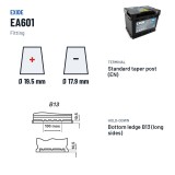 Car battery Exide EA601 12V 60Ah 600A – terminal and hold-down